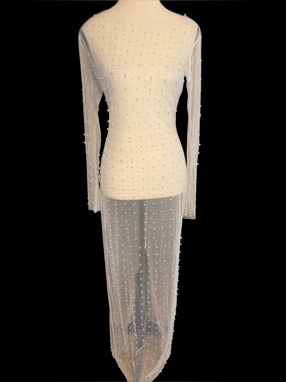 sheer ivory/white mesh maxi dress cover-up embellished faux pearls rhinestone